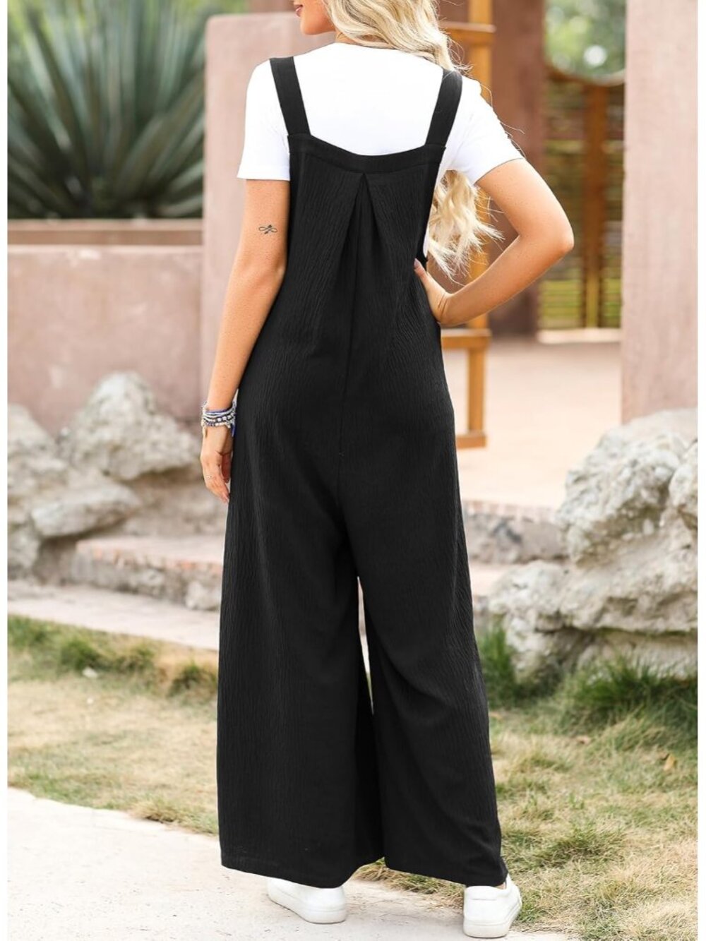 Women's Black Loose Casual Overalls Jumpsuits One Piece Sleeveless Wide Leg